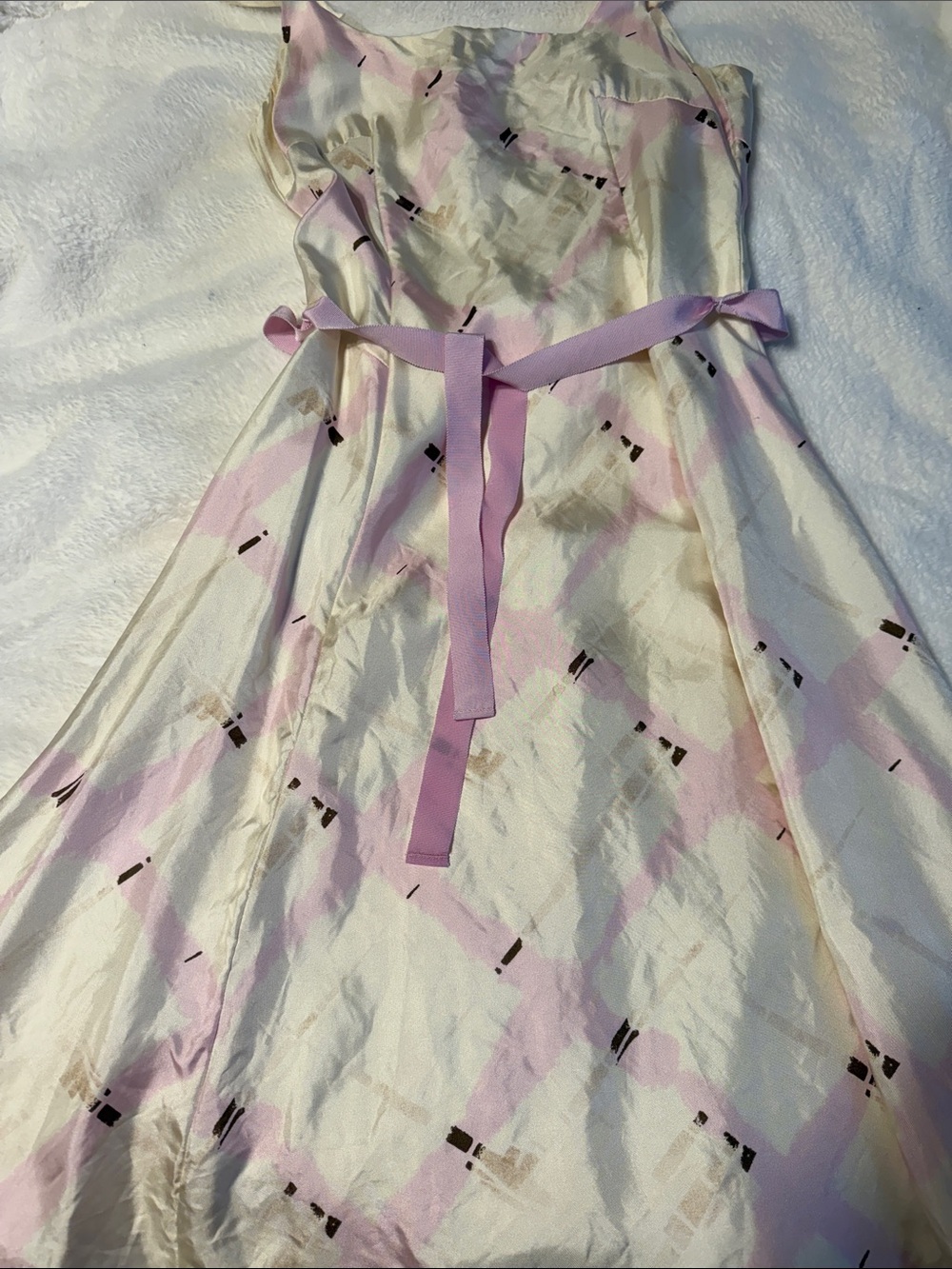 VINTAGE GAP Cream Dress with Light Pink Ribbon and Pastel Plaid